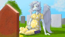  16:9 2025 anthro areloch biped blue_body bone_frill breasts cavemanon_studios cemetery clothed clothed_anthro clothed_female clothing cloud colored day dress elbow_feathers fang_(gvh) feathered_wings feathers female fingers frill_(anatomy) goodbye_volcano_high grass grey_body grey_feathers grey_hair hair half-closed_eyes happy hi_res humanoid_hands ko_op_(game_developer) markings medium_breasts medium_hair narrowed_eyes non-mammal_breasts orange_eyes outside plant pregnant pregnant_anthro pregnant_female prehistoric_species pterodactylus pterosaur purse reptile scalie short_tail sitting sky smile snoot_game solo striped_markings stripes tail tombstone tree widescreen wings yellow_clothing yellow_dress 