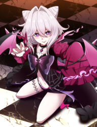  black_coat black_shorts bow bowtie checkered_floor coat commentary demon_wings english_commentary fake_wings female hair_intakes highres honkai_(series) honkai_impact_3rd jacket kneeling long_hair looking_at_viewer micro_shorts midriff nabeiro_kin navel purple_bow purple_bowtie purple_eyes red_jacket shorts solo thelema_nutriscu thigh_strap thighs tongue tongue_out white_hair wings 