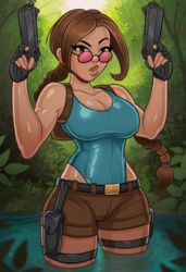  1girls bag bimbo blue_one-piece_swimsuit braid breasts brown_eyes brown_hair curvy eyewear female female_focus female_only fingerless_gloves firearm glasses gloves gun handgun handwear highleg highleg_swimsuit holding holding_weapon human jungle lara_croft lara_croft_(classic) large_breasts lips long_braid long_hair looking_at_viewer looking_over_eyewear looking_over_glasses looking_over_sunglasses low-tied_long_hair monolithic-sloth nature one-piece_swimsuit pants public red-tinted_eyewear shiny_clothes shiny_skin short_shorts shorts single_braid solo solo_female solo_focus standing sunglasses swimsuit swimsuit_under_clothes thick_thighs thighs tinted_eyewear tomb_raider water weapon wide_hips 