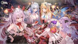  4girls ahoge alternate_costume argus_(azur_lane) azur_lane bikini black_bikini black_bow black_dress black_ribbon blonde_hair blue_eyes book bow breasts candle candy centaur_(azur_lane) cleavage clock coffin commentary crown cup dress drinking_glass english_commentary eyeball food green_eyes hair_ribbon halloween halloween_costume hands_on_own_hips highres jewelry long_hair looking_at_another multiple_girls necklace okuma_mai open_book open_mouth pantyhose petals pointy_ears pumpkin purple_eyes purple_hair red_bow red_eyes ribbon rose_petals second-party_source shoes sitting smile swimsuit unicorn_(azur_lane) vampire_(azur_lane) white_pantyhose white_shoes 