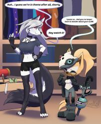  2025 absurd_res after_transformation alice_lovage anthro black_clothing black_shirt black_topwear blonde_hair blue_eyes blush boots bottomwear breasts canid canine canis cape closed_eyes clothing collar dialogue digital_media_(artwork) duo embarrassed english_text feet female fingerless_gloves footwear fur gloves grey_hair hair hammer handwear hellaverse helluva_boss hi_res idw_publishing leotard loona_(helluva_boss) mammal mask moomaid mystic_(mysticaldeer) navel open_mouth pants ponytail red_sclera sega shirt shoes shorts smile sonic_the_hedgehog_(comics) sonic_the_hedgehog_(idw) sonic_the_hedgehog_(series) spiked_collar spikes tail text tools topwear whisper_the_wolf white_clothing white_leotard wolf 