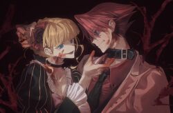  1boy absurdres beatrice_(umineko) belt_collar black_dress black_flower black_necktie black_rose blonde_hair blood blood_on_clothes blood_on_face blood_on_hands blue_eyes blunt_bangs bow braid breasts choker cleavage clenched_teeth collar crown_braid dress eye_contact female flower frilled_choker frilled_sleeves frills furrowed_brow grabbing_another's_hair hair_flower hair_ornament hairbow highres holding_another's_hair injury jacket jinxiaoyimeng looking_at_another necktie partially_shaded_face pink_jacket portrait raised_inner_eyebrows red_hair red_shirt rose shirt short_hair smile straight striped_clothes striped_dress teeth umineko_no_naku_koro_ni ushiromiya_battler vertical-striped_clothes vertical-striped_dress yellow_trim 