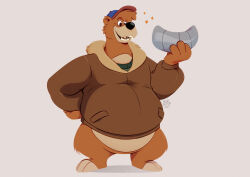  aluminum_foil anthro barefoot baseball_cap bear bearafterall belly big_belly blue_clothing brown_bear brown_body brown_clothing brown_fur clothed clothing disney fangs feet fur green_clothing hat head_tuft headgear headwear hi_res holding_object huge_belly jacket kit_cloudkicker male mammal obese obese_anthro obese_male overweight overweight_anthro overweight_male pantsless shaded shirt simple_background smile solo star talespin tan_body tan_fur teeth teeth_showing topwear tuft undershirt ursine 