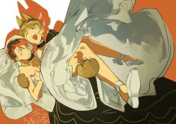  1boy animal_ears animal_hands beatrice_(umineko) black_choker black_dress blunt_bangs bridal_veil carrying choker closed_eyes crossdressing crossdressing_(mtf) curly_sidelocks dress drooling female flats frilled_choker frills grin highres lostack mouth_drool pectoral_cleavage pectorals princess_carry red_hair shoes short_hair smile straight umineko_no_naku_koro_ni ushiromiya_battler veil wedding_dress white_dress white_shoes wide-eyed 