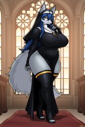  2025 anthro big_breasts blazbaros blue_hair boots breasts canid canine canis clothing eyebrows eyelashes feet female fingerless_gloves footwear fur gloves grey_body grey_fur hair handwear hi_res high_heeled_boots high_heels huge_breasts inner_ear_fluff jewelry legwear long_hair mammal necklace nun nun_outfit orange_eyes shoes solo thick_thighs thigh_boots thigh_highs tuft wide_hips 
