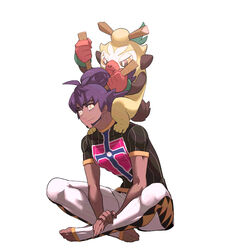  1boy alternate_hairstyle champion_uniform commentary_request dark-skinned_male dark_skin facial_hair highres indian_style korean_commentary leon_(pokemon) male_focus on_shoulder pokemon pokemon_(creature) pokemon_on_shoulder pokemon_swsh purple_hair redlhzz shirt short_sleeves shorts sitting smile thwackey toes white_legwear white_shorts yellow_eyes 