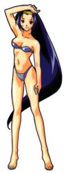  1990s_(style) arm_up asahina_natsuki barefoot bikini blue_hair female forehead full_body grey_bikini hairband highres long_hair mole mole_under_mouth navel non-web_source official_art red_eyes retro_artstyle shiny_skin simple_background smile solo standing strapless strapless_bikini super_real_mahjong swimsuit tanaka_ryou very_long_hair white_background 