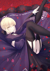  absurdres artoria_pendragon_(fate) black_dress black_thighhighs blonde_hair braid breasts dress fate/grand_order fate/stay_night fate_(series) female french_braid garter_straps highres legs_up long_hair long_sleeves looking_at_viewer lying okuma707 on_back petals saber_alter solo thighhighs yellow_eyes 