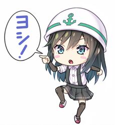  arm_warmers asashio_(kancolle) black_hair black_skirt black_thighhighs blue_eyes blush_stickers buttons chibi collared_shirt female full_body genba_neko_(meme) gotou_hisashi hair_between_eyes hard_hat helmet kantai_collection long_hair lowres meme open_mouth pleated_skirt pointing pose shadow shigoto_neko shirt short_sleeves simple_background skirt solo standing standing_on_one_leg suspender_skirt suspenders thighhighs white_background white_headwear white_shirt 