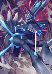  absurdres black_sclera blue_gemstone colored_sclera commentary_request dialga dialga_(origin) gem highres md5_mismatch no_humans pillar pokemon pokemon_(creature) red_eyes shiny solo sumosamo 