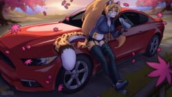  16:9 ailaanne anthro big_breasts blonde_hair blue_eyes breasts car cheetah cleavage clothed clothing countershading cropped_jacket detailed_background felid feline female footwear ford ford_mustang garter_belt garter_straps hair hi_res hoodie legwear long_hair mammal markings midriff pink_nose ponytail prosthetic prosthetic_limb shoes solo spots spotted_body sydea thigh_highs thong topwear underwear vehicle widescreen 