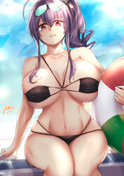  alternate_costume azur_lane bikini black_bikini breasts eyewear_on_head female highres ibara_azuki large_breasts long_hair looking_at_viewer o-ring o-ring_bikini pola_(azur_lane) purple_hair red_eyes side_ponytail sitting skindentation solo sunglasses swimsuit 