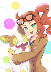  :d absurdres brown_coat buttons coat commentary_request eyewear_on_head female green_eyes green_shirt hair_ornament heart heart_hair_ornament highres long_hair looking_at_viewer open_mouth orange_hair pokemon pokemon_(creature) pokemon_swsh ribbed_shirt shirt side_ponytail smile sonia_(pokemon) sunglasses tongue upper_body yamper yoi_(207342) 