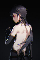  1boy back back_focus bare_back black_gloves changyu:_qilin_(punishing:_gray_raven) changyu_(punishing:_gray_raven) chinese_commentary closed_mouth commentary dated_commentary earrings gloves jewelry long_hair looking_at_viewer looking_back male_focus pingdiguo ponytail punishing:_gray_raven red_eyes shoulder_blades 