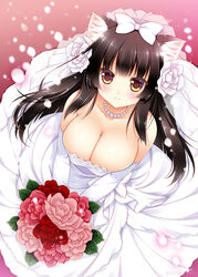  animal_ears black_hair blush bouquet bow breasts bridal_veil bride brown_eyes cat_ears cleavage collarbone dated dress elbow_gloves female flower gloves hair_flower hair_ornament hairbow highres jewelry konbu_(nyatto!) large_breasts long_hair looking_at_viewer necklace nyatto!_(manga) original petals revision shigunyan smile solo veil wedding_dress 