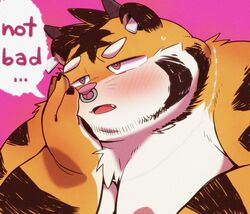  2021 anthro beard bust_portrait english_text facial_hair felid hi_res kemono male mammal moobs nipples overweight overweight_anthro overweight_male pantherine pink_nose portrait solo text tiger uokkom 