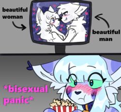  2022 anthro blue_eyes blush blush_lines canid canine canis eating electronics felid feline female food fur gradient_background green_sclera grey_background group heart_symbol holding_face humor lenix_(lenixtt) lenixtt lynx male male/female mammal meme popcorn popcorn_bag purple_body purple_fur romantic romantic_ambiance romantic_couple simple_background staring_into_eyes striped_body striped_fur stripes television trio tv_show watching_tv white_body white_fur wolf 