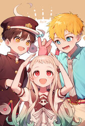  2boys artist_name azit_(down) blonde_hair blush brown_hair candy commentary_request female food forehead hair_between_eyes hanako_(jibaku_shounen_hanako-kun) highres jibaku_shounen_hanako-kun korean_commentary long_hair long_sleeves magatama magatama_hair_ornament minamoto_kou multiple_boys open_mouth red_eyes signature smile very_long_hair yashiro_nene yellow_eyes 