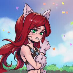  animal_ears bare_shoulders biting bush cat_ears cloud commentary confetti day facial_mark fake_animal_ears female fur_bracelet gloves green_eyes katarina_(league_of_legends) kitty_cat_katarina league_of_legends long_hair nail_biting outdoors phantom_ix_row red_hair solo symbol-only_commentary upper_body whisker_markings white_gloves 