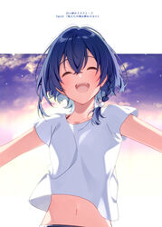  blue_hair closed_eyes commentary_request dark_blue_hair female highres light_blush midriff misakino_kukuru navel open_mouth outstretched_arms promotional_art shell_hair_ornament shiroi_suna_no_aquatope shirt short_hair smile solo spread_arms u35 upper_body white_shirt 