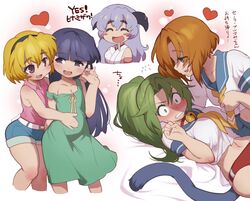  5girls arm_behind_back bare_legs bare_shoulders bell black_hairband blonde_hair blunt_bangs blush breasts brown_hair clenched_hand clenched_teeth closed_eyes collarbone commentary_request cropped_legs dot_nose dress english_text facing_viewer furude_rika green_eyes green_hair hair_between_eyes hairband hanyuu heart higurashi_no_naku_koro_ni houjou_satoko long_hair looking_away multiple_girls multiple_views navel neck_bell oerba_yun_fang open_mouth purple_eyes purple_hair ryuuguu_rena sailor_collar sanjiro_(tenshin_anman) sanpaku school_uniform serafuku shirt short_shorts short_sleeves shorts sleeveless sonozaki_mion tail tareme teeth thick_thighs thighs translation_request upper_body white_background white_shirt wing_collar yuri 