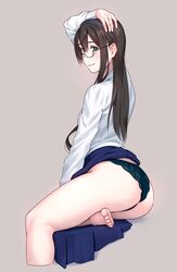  ass bad_anatomy barefoot black-framed_eyewear black_hair black_hairband black_panties blue_skirt closed_mouth cropped_legs feet female foot_out_of_frame glasses green_eyes grey_background hair_between_eyes hairband highres kantai_collection kneepits legs light_smile long_hair long_sleeves ooyodo_(kancolle) panties semi-rimless_eyewear shirt simple_background sitting skirt skirt_rolled_up smile solo thighs toenails toes under-rim_eyewear underwear white_shirt yuuji_(and) 