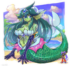  2girls beach black_gloves blue_eyes bracer breasts cleavage collarbone colored_skin commentary_request dark-skinned_female dark_skin elbow_gloves fins giant giantess giga_mermaid gloves green_hair green_skin hand_on_own_hip harem_pants head_fins highres long_hair looking_down looking_to_the_side mermaid monster_girl multiple_girls navel ocean oomasa_teikoku pants ponytail purple_hair shantae shantae:_half-genie_hero shantae_(series) very_long_hair waving 