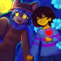  1:1 ambiguous_gender anthro blue_and_purple_striped_sweater blue_background blue_whiskers closed_eyes clothing crossover cute_fangs domestic_cat duo echo_flower felid feline felis flower frisk_(undertale) glowing_heart hat headgear headwear heart_on_body human human_skin humanoid lenixtt light_bulb long_sleeves lying_on_ground mammal niko_(oneshot) on_ground oneshot oversized_clothing pattern_clothing pattern_sweater pattern_topwear plant red_heart scarf simple_background smile smirk striped_clothing striped_sweater striped_topwear stripes sweater topwear undertale undertale_(series) whiskers wizard_hat yellow_body yellow_eyes yellow_skin young 