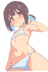  armpits bikini blue_hair blunt_bangs blunt_ends blush breasts brown_eyes brown_hair cameltoe closed_mouth collarbone commentary covered_nipples female from_below groin hozuki_momiji looking_at_viewer looking_down multicolored_hair navel onii-chan_wa_oshimai! pc_fworks short_hair short_ponytail simple_background small_breasts solo standing stomach swimsuit twintails two-tone_hair white_background white_bikini 