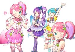  4girls ;d ;p arm_up azit_(down) blue_eyes butterfly_wings commentary_request dress hair_ornament hair_ribbon hand_on_own_face highres insect_wings junon_(pripara) kanon_(pripara) korean_commentary looking_at_viewer multiple_girls one_eye_closed open_mouth pink_dress pink_hair pinon_(pripara) pointing pointing_at_self pretty_series pripara purple_hair red_eyes ribbon shirt sleeveless sleeveless_shirt smile tongue tongue_out wings 