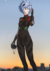  arm_at_side ayanami_rei black_bodysuit blue_hair blue_sky blurry blurry_background bodysuit breasts building cassette_player city cityscape clothes_writing commentary covered_navel earbuds earphones evangelion:_3.0_you_can_(not)_redo expressionless eyelashes facing_viewer feet_out_of_frame female floating_hair framed_breasts gradient_sky hair_between_eyes hand_up headgear highres holding interface_headset kiyohisa legs_apart light_blue_hair long_legs looking_afar messy_hair neon_genesis_evangelion orange_sky outdoors parted_lips pilot_suit plugsuit rebuild_of_evangelion red_eyes science_fiction shaded_face short_hair skin_tight skinny sky small_breasts solo sparks standing sunlight sunset very_short_hair 