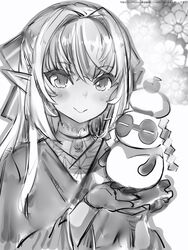  bad_id bad_twitter_id bow closed_mouth dark-skinned_female dark_elf dark_skin elf female gloves greyscale hair_intakes hairbow highres hololive japanese_clothes kimono kintsuba_(shiranui_flare) long_hair looking_at_viewer monochrome nanashi_(nlo) official_alternate_hairstyle pointy_ears shiranui_flare shiranui_flare_(new_year) sidelocks smile solo upper_body virtual_youtuber 