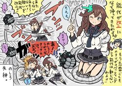  abyssal_ship black_sailor_collar black_shirt black_skirt blue_eyes braid brown_hair commentary_request dress_shirt enemy_naval_mine_(kancolle) garter_straps green_eyes kakincho kantai_collection long_hair long_sleeves looking_at_viewer necktie noshiro_(kancolle) noshiro_kai_ni_(kancolle) one_eye_closed pleated_skirt sailor_collar sailor_shirt school_uniform serafuku shirt skirt swept_bangs teeth tentacle thighhighs translation_request twin_braids v 