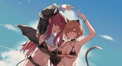  2girls :d absurdres animal_ears arm_up bikini bird black_bikini black_wings blue_sky blush bracelet breasts brown_hair cat_ears cleavage cosplay demon_girl demon_tail demon_wings detached_sleeves fake_animal_ears green_eyes hair_ornament hairclip hand_on_own_hip highres higuchi_madoka idolmaster idolmaster_shiny_colors jewelry kitagawa_marin large_breasts long_hair looking_at_viewer mole mole_under_eye multiple_girls navel outdoors parted_lips pink_hair pointy_ears purple_eyes rizu-kyun rizu-kyun_(cosplay) short_hair side-by-side sky smile sono_bisque_doll_wa_koi_wo_suru string_bikini swimsuit tail upper_body v wings yokii 