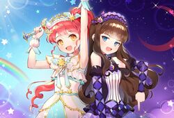  2girls arm_up armpits azit_(down) back-to-back black_dress black_vs_white blue_eyes brown_hair commentary day_and_night detached_sleeves dress hair_ornament highres korean_commentary kurosu_aroma long_hair multiple_girls open_mouth pointing pointing_down pretty_series pripara rainbow red_hair ribbon shiratama_mikan sleeveless sleeveless_dress split_theme star_(symbol) wand white_dress white_ribbon yellow_eyes 