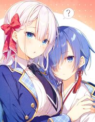  2girls ? blue_eyes blue_hair blue_jacket bow breasts closed_mouth collared_shirt earrings excalibur_academy_uniform fingernails grey_hair hair_between_eyes hairbow hand_up highres hug jacket japanese_clothes jewelry kimono large_breasts long_hair long_sleeves looking_at_viewer medium_hair multiple_girls necktie official_art parted_lips purple_necktie red_bow riselia_ray_crystalia sakuya_sieglinde seiken_gakuin_no_maken_tsukai shirt spoken_question_mark stud_earrings tassel tassel_earrings toosaka_asagi white_shirt wing_collar 