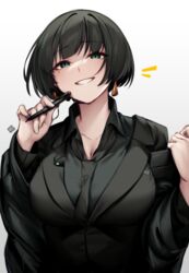  absurdres allmind_(armored_core_6) armored_core armored_core_6 black_hair black_necktie black_shirt black_suit breasts cleavage collarbone collared_shirt earrings female green_eyes green_hair grin highres holding holding_pen huge_breasts izulizuru jewelry long_sleeves looking_at_viewer multicolored_hair necktie notice_lines pen personification shirt simple_background smile solo streaked_hair suit white_background 