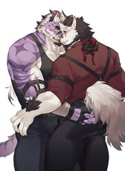  2boys animal_ears bara beard black_tank_top collared_shirt commission destroycode diamond_(shape) dog_boy dog_ears eye_contact face-to-face facial_hair feet_out_of_frame forehead-to-forehead forked_eyebrows from_side furry furry_male furry_with_furry glasses goatee heads_together highres licking_nose long_hair looking_at_another male_focus multicolored_hair multiple_boys muscular muscular_male original pectoral_cleavage pectorals ponytail purple_fur sadiend shirt streaked_hair suspenders tail tail_grab tank_top thick_eyebrows thick_thighs thighs tiger_boy tiger_ears tongue tongue_out topless_male white_hair yaoi yellow_eyes 