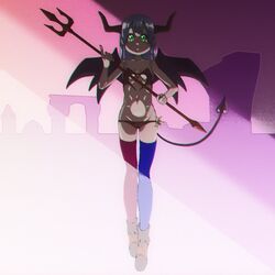  demon_horns demon_tail demon_wings female full_body grey_hair groin halloween_costume highres holding holding_pitchfork horns kaien_advance long_hair looking_at_viewer multicolored_clothes navel panties pitchfork relia_(star_ocean) solo star_ocean star_ocean_anamnesis star_ocean_integrity_and_faithlessness tail thighhighs underwear wings 