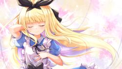  arm_behind_head baram black_ribbon blonde_hair blunt_bangs closed_eyes commentary_request facing_viewer female frills hair_ribbon hand_on_own_chest highres long_hair mononobe_alice mononobe_alice_(1st_costume) nijisanji puffy_short_sleeves puffy_sleeves ribbon short_sleeves smile solo upper_body virtual_youtuber 