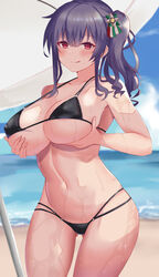  :q absurdres azur_lane bare_shoulders bikini black_bikini blue_hair blush breast_lift breasts cleavage collarbone female highres italian_flag large_breasts licking_lips long_hair looking_at_viewer navel o-ring o-ring_bikini outdoors pola_(azur_lane) red_eyes satou_aji side_ponytail smile solo string_bikini swimsuit tongue tongue_out wet 