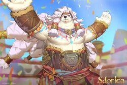  2023 5_fingers anthro bear belt blue_eyes claws colored crushfang_(sdorica_sunset) fighting_ring fingers fur hair hi_res humanoid_hands long_hair mammal official_art pecs polar_bear sdorica solo unknown_artist ursine white_body white_fur 