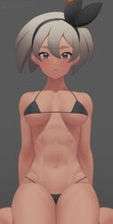  abs arm_support arms_behind_back bare_arms bea_(pokemon) bikini black_bikini black_hairband blush bow_hairband breasts closed_mouth commentary_request eyelashes female grey_background grey_eyes hair_between_eyes hairband looking_at_viewer muscular muscular_female navel obliques pokemon pokemon_swsh putcher simple_background sitting solo swimsuit watermark web_address 