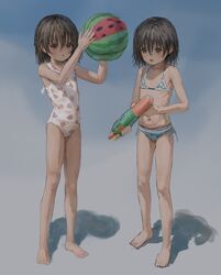  2girls :o absurdres arms_up bad_id bad_twitter_id ball bare_legs barefoot beachball bikini blue_bikini blush brown_eyes brown_hair flat_chest full_body highres holding holding_ball holding_water_gun left-handed medium_hair multiple_girls navel oerba_yun_fang one-piece_swimsuit open_mouth original parted_lips polka_dot ribs shadow shion_(mirudakemann) side-tie_bikini_bottom simple_background standing swimsuit water_gun watermelon_beachball white_one-piece_swimsuit 