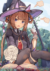  animal_ears autumn_leaves_(tail_fox) blurry blurry_background book boots brown_hair commentary_request dirt female final_fantasy final_fantasy_xi foreshortening gloves hat highres horse_ears horse_girl horse_tail mandragora_(final_fantasy) purple_eyes sitting solo sweep_tosho_(umamusume) tail thigh_boots thighhighs twintails umamusume witch_hat 