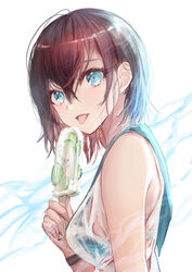  :d :p bare_shoulders bikini bikini_under_clothes blue_bikini blue_eyes blue_sailor_collar breasts brown_hair cucumber female food from_side hair_between_eyes highres holding holding_food looking_at_viewer looking_to_the_side medium_breasts mitsunari_miyako open_mouth original popsicle sailor_collar see-through shirt short_hair smile solo swimsuit tongue tongue_out upper_body wet wet_clothes wet_shirt white_background white_shirt 