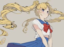  asymmetrical_bangs bishoujo_senshi_sailor_moon blonde_hair blue_eyes blue_skirt blush bow bowtie closed_mouth commentary double_bun female grey_background hair_bun highres long_hair looking_to_the_side nachoz_(nachozart) red_bow red_bowtie sailor_collar school_uniform shirt short_sleeves simple_background skirt smile solo standing symbol-only_commentary tsukino_usagi twintails white_shirt 