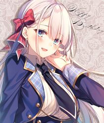  :d black_necktie blue_eyes bow breasts collared_shirt earrings english_text excalibur_academy_uniform female fingernails grey_hair hairbow hand_up happy_birthday jacket jewelry large_breasts long_hair looking_at_viewer necktie official_art open_clothes open_jacket open_mouth purple_jacket red_bow riselia_ray_crystalia school_uniform seiken_gakuin_no_maken_tsukai shirt smile solo toosaka_asagi upper_body white_shirt wing_collar 