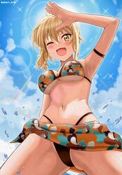  arm_strap arm_up armpits bikini blonde_hair blue_sky breasts cloud commentary_request female from_below heart heart_print highres large_breasts looking_at_viewer looking_down love_live! love_live!_nijigasaki_high_school_idol_club miyashita_ai multicolored_bikini multicolored_clothes navel one_eye_closed open_mouth pokehikaxyz ponytail print_sarong sarong sidelocks sky smile solo stomach swimsuit twitter_username yellow_eyes 