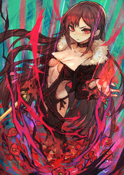  absurdres bare_shoulders black_dress black_jacket blush breasts brown_hair center_opening choker cleavage closed_mouth collarbone dress earrings fate/grand_order fate_(series) female fire flower fur-trimmed_jacket fur_trim highres jacket jewelry long_hair long_sleeves looking_at_viewer medium_breasts multiple_earrings navel open_clothes open_jacket red_eyes revealing_clothes sabamiso_taro solo strapless strapless_dress sword thighs very_long_hair weapon yu_mei-ren_(fate) 